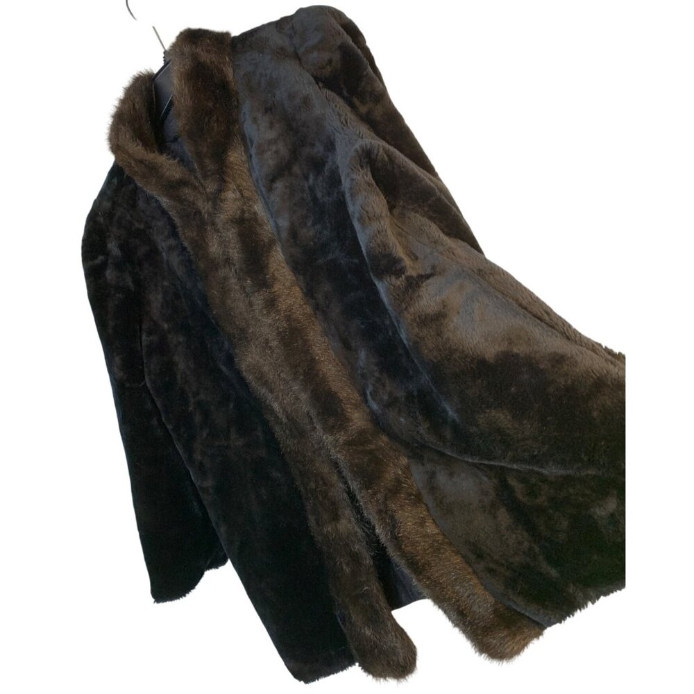 Vintage 90s Mariel Faux Fur Coat L/XL Black With Brown Trim RO10725 USA Lined